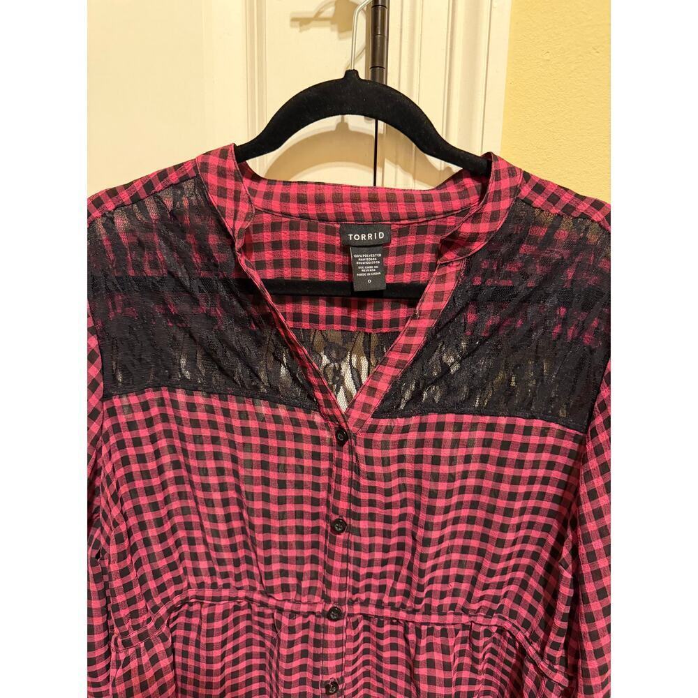 Torrid Women's Pink Black Gingham Tie Back Lace Trim Sheer Boho Top Size 0 Large - Picture 2 of 10
